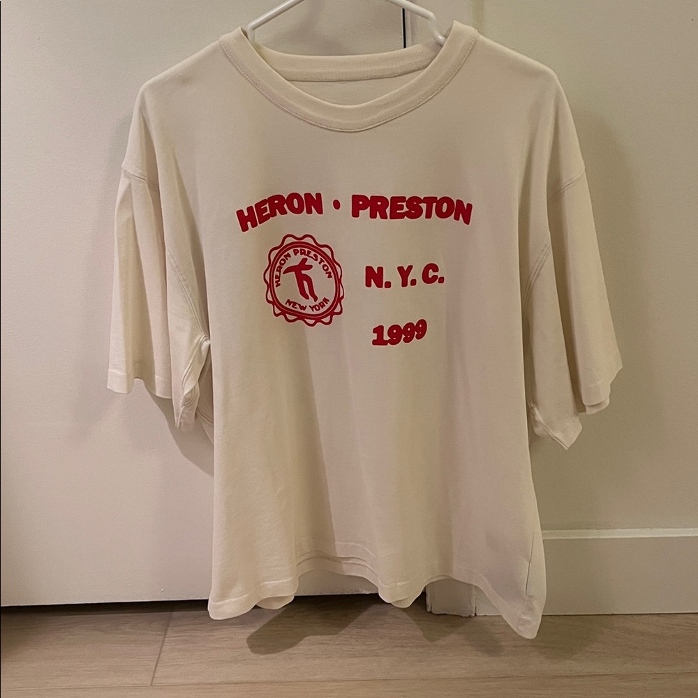 Heron Preston Off-White Tee with Red Graphics